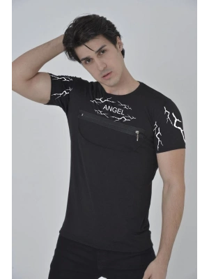 Unisex Göğüs Fermuarlı Baskılı T-Shirt - Siyah