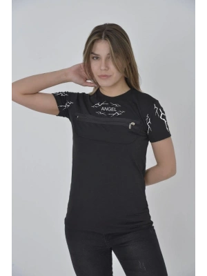 Unisex Göğüs Fermuarlı Baskılı T-Shirt - Siyah