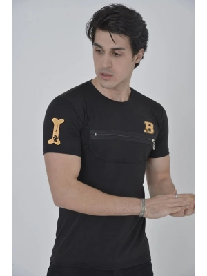 Unisex Göğüs Fermuarlı Baskılı T-Shirt - Siyah