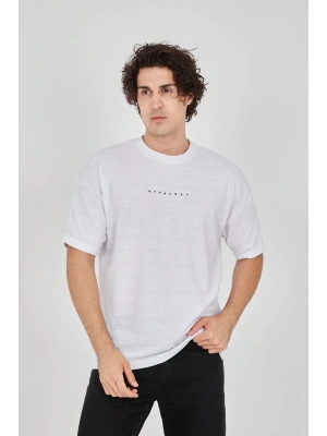 Unisex Jakar Kumaş Rahat Kol T-Shirt - Beyaz