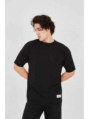 Unisex Jakar Kumaş Rahat Kol T-Shirt - Siyah