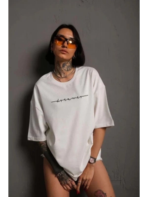 Unisex Kadın Bisiklet Yaka Baskılı T-Shirt - Beyaz