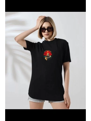 Unisex Kadın Bisiklet Yaka Baskılı T-Shirt - Siyah