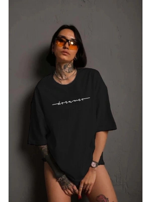 Unisex Kadın Bisiklet Yaka Baskılı T-Shirt - Siyah