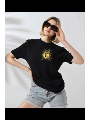 Unisex Kadın Bisiklet Yaka Baskılı T-Shirt - Siyah