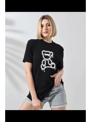 Unisex Kadın Bisiklet Yaka Baskılı T-Shirt - Siyah