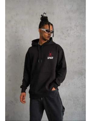 Unisex Kapşonlu Baskılı Sweetshirt - Siyah