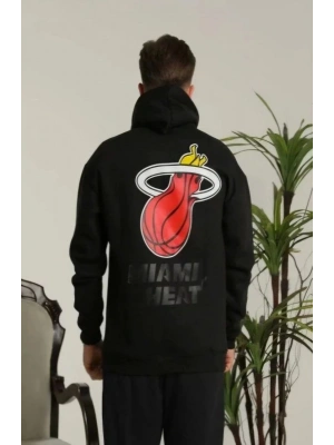 Unisex Kapşonlu Baskılı Sweetshirt - Siyah