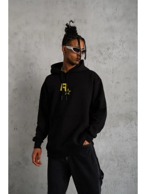Unisex Kapşonlu Baskılı Sweetshirt - Siyah