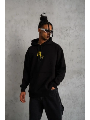 Unisex Kapşonlu Baskılı Sweetshirt - Siyah
