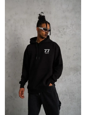 Unisex Kapşonlu Baskılı Sweetshirt - Siyah