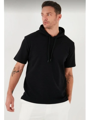 Unisex Kapşonlu Kısa Kol Düz Oversize T-shirt - Siyah