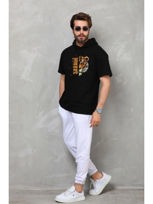 Unisex Kapşonlu Kısa Kol Oversize Baskılı T-Shirt - Siyah