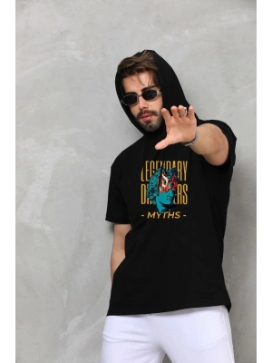 Unisex Kapşonlu Kolsuz Oversize Baskılı Tişört - Siyah