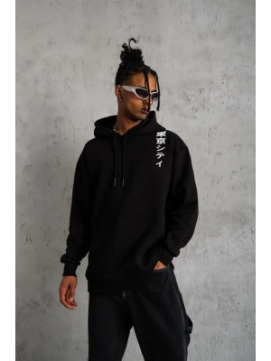 Unisex Kapşonlu Uzun Kol Baskılı Sweetshirt - Siyah