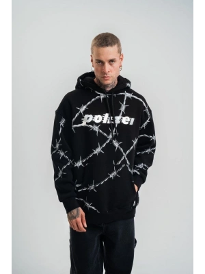 Unisex Kapşonlu Varak ve Pano Baskılı SweatShirt- Siyah