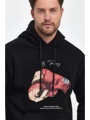 Unisex Kapüşonlu Üç İplik Oversize Baskılı Sweatshirt - Siyah