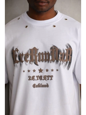 Unisex Kuşgözü Detaylı Baskılı Oversize T-Shirt - Beyaz