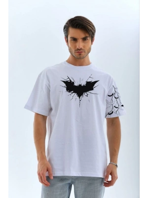 Unisex Ön ve Kol Baskılı Oversize T-shirt - Beyaz