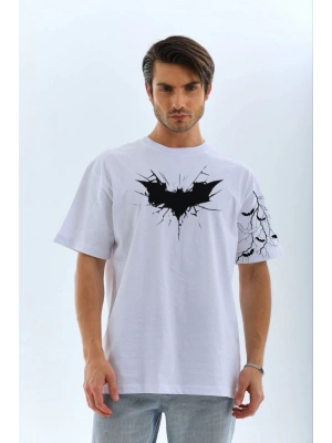 Unisex Ön ve Kol Baskılı Oversize T-shirt - Beyaz