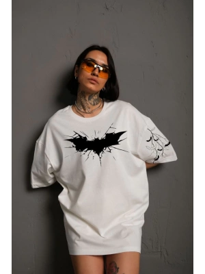 Unisex Ön ve Kol Baskılı Oversize T-shirt - Beyaz