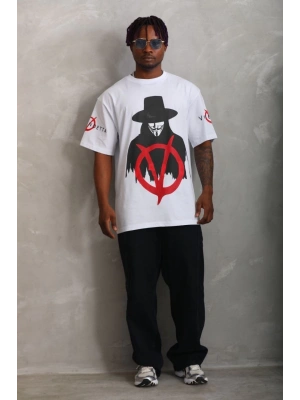 Unisex Oversize Baskılı Bisiklet Yaka T-Shirt - Beyaz