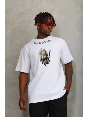 Unisex Oversize Baskılı Bisiklet Yaka T-Shirt - Beyaz