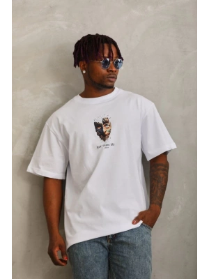 Unisex Oversize Baskılı Bisiklet Yaka T-Shirt - Beyaz