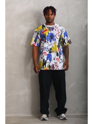 Unisex Oversize Baskılı Bisiklet Yaka T-Shirt - Beyaz