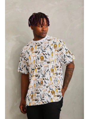 Unisex Oversize Baskılı Bisiklet Yaka T-Shirt - Beyaz