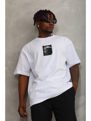 Unisex Oversize Baskılı Bisiklet Yaka T-Shirt - Beyaz