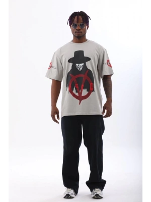 Unisex Oversize Baskılı Bisiklet Yaka T-Shirt - Gri