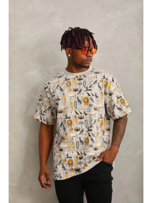 Unisex Oversize Baskılı Bisiklet Yaka T-Shirt - Gri