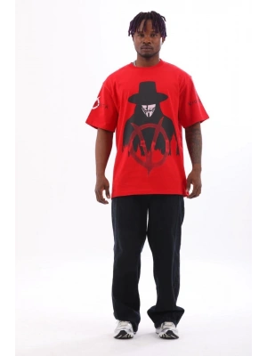 Unisex Oversize Baskılı Bisiklet Yaka T-Shirt - Kırmızı