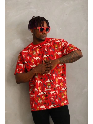 Unisex Oversize Baskılı Bisiklet Yaka T-Shirt - Kırmızı