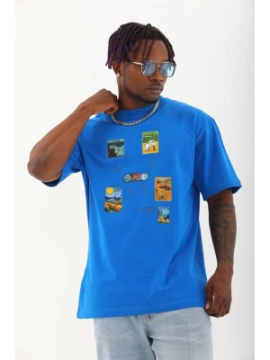 Unisex Oversize Baskılı Bisiklet Yaka T-Shirt - Mavi