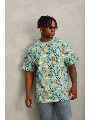 Unisex Oversize Baskılı Bisiklet Yaka T-Shirt - Mint Yeşili