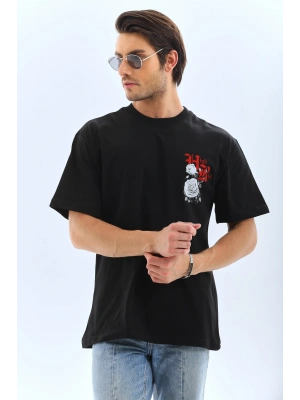 Unisex Oversize Baskılı Bisiklet Yaka T-Shirt - Siyah