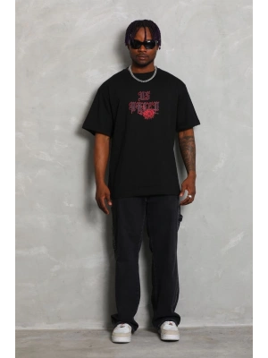 Unisex Oversize Baskılı Bisiklet Yaka T-Shirt - Siyah