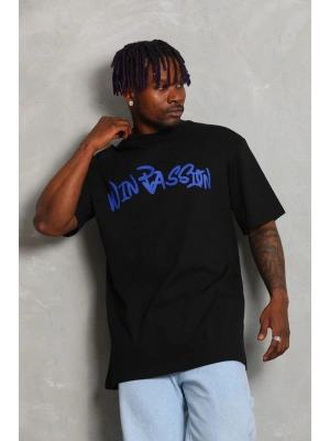 Unisex Oversize Baskılı Bisiklet Yaka T-Shirt - Siyah