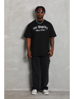 Unisex Oversize Baskılı Bisiklet Yaka T-Shirt - Siyah