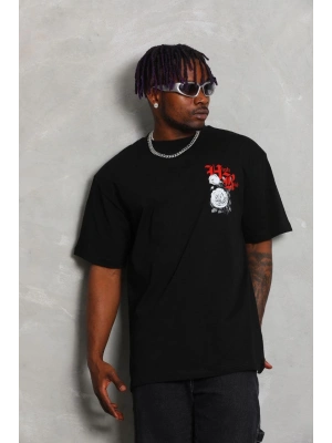 Unisex Oversize Baskılı Bisiklet Yaka T-Shirt - Siyah
