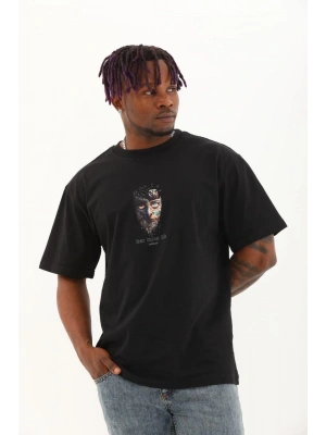 Unisex Oversize Baskılı Bisiklet Yaka T-Shirt - Siyah