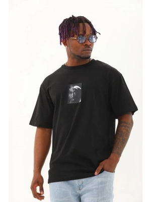 Unisex Oversize Baskılı Bisiklet Yaka T-Shirt - Siyah