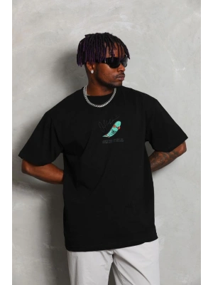 Unisex Oversize Baskılı Bisiklet Yaka T-Shirt - Siyah