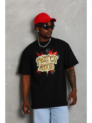 Unisex Oversize Baskılı Bisiklet Yaka T-Shirt - Siyah