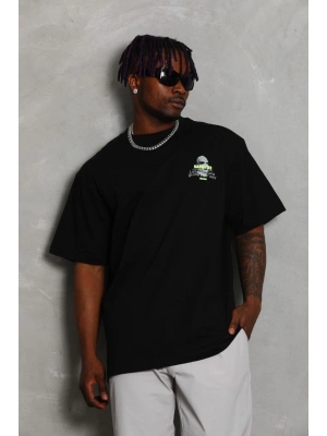 Unisex Oversize Baskılı Bisiklet Yaka T-Shirt - Siyah