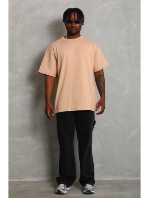 Unisex Oversize Düz Bisiklet Yaka T-Shirt - Bej