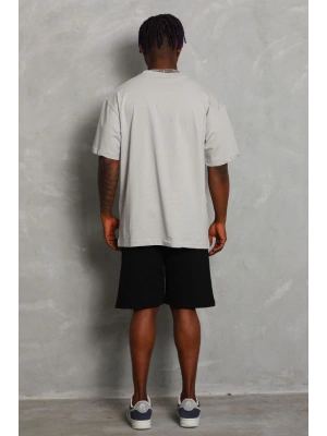 Unisex Oversize Düz Bisiklet Yaka T-Shirt - Gri