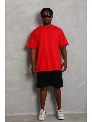 Unisex Oversize Düz Bisiklet Yaka T-Shirt - Kırmızı